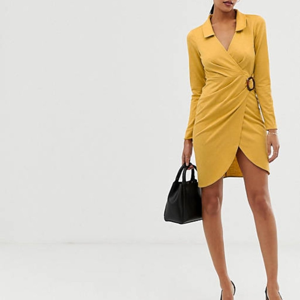 ASOS design textured dress with ruching and tortoiseshell buckle detail